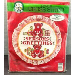 Vintage 80s Seasons Greetings Teddy Bear Cross Stitch Kit Colortex Stamped 3752